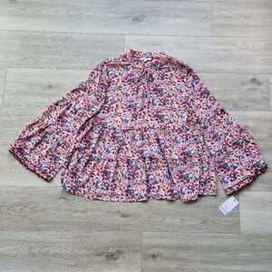 Ophelia Roe Pink Floral Top Womens Large Peasant Bohemian Bell Sleeve Nwt